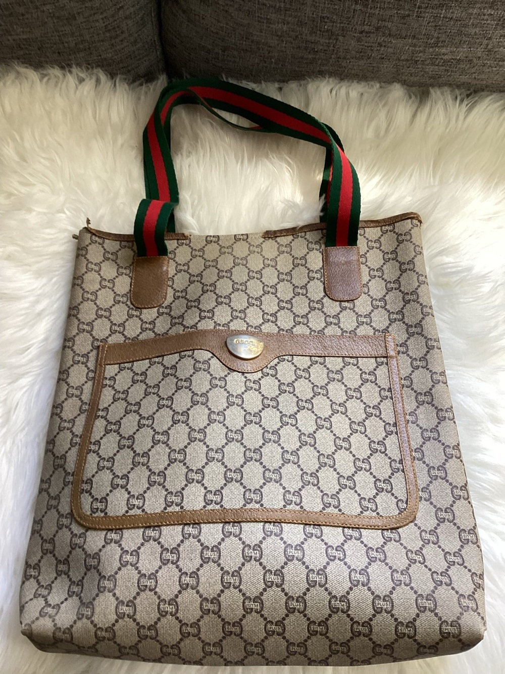 Gucci Plus Beige Brown GG Canvas Tote with Web Stripe Handles